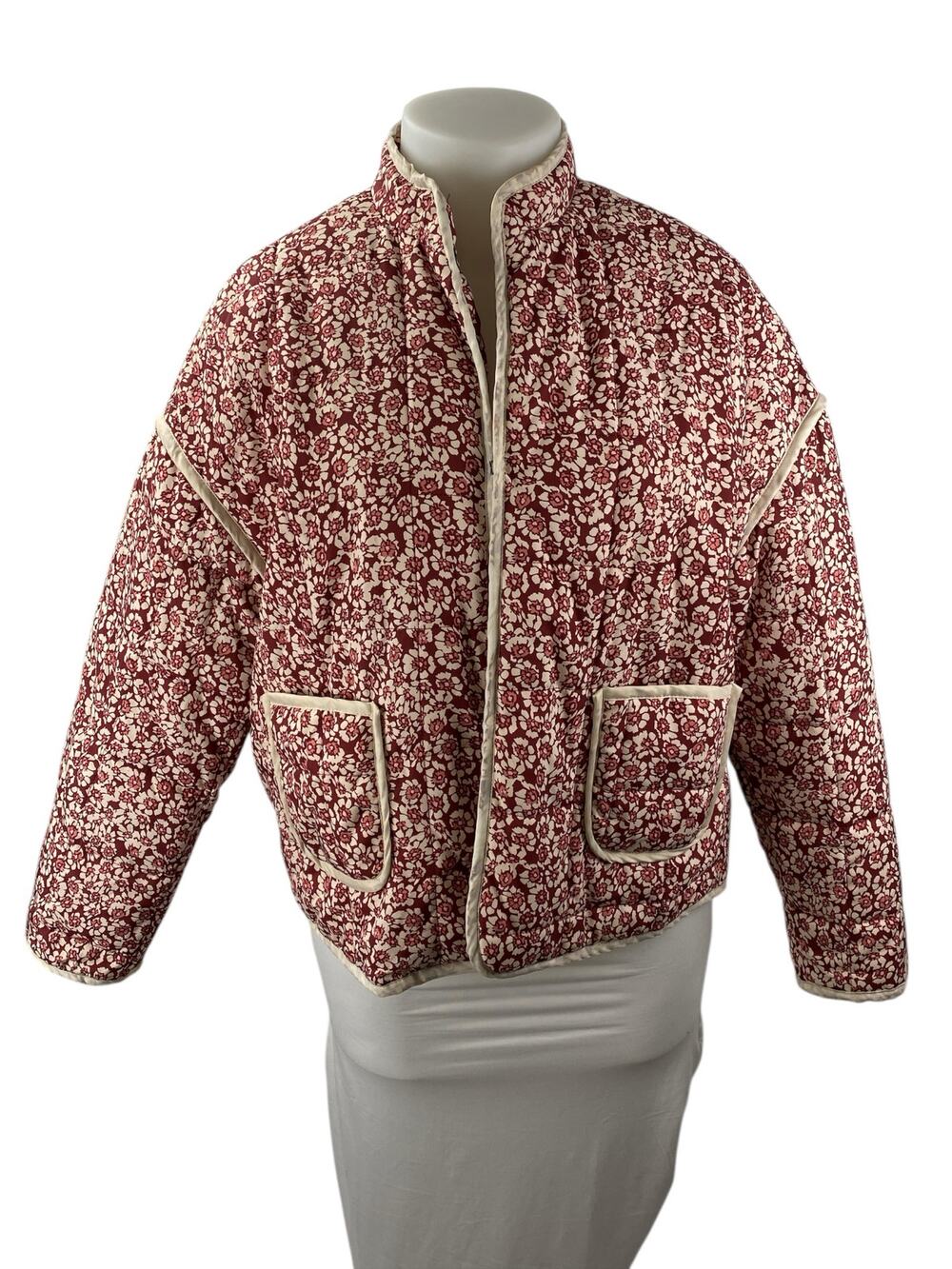 Womens Pink Floral Print Quilted Long Dolman Sleeve Quilted Puffer Coat Jacket L